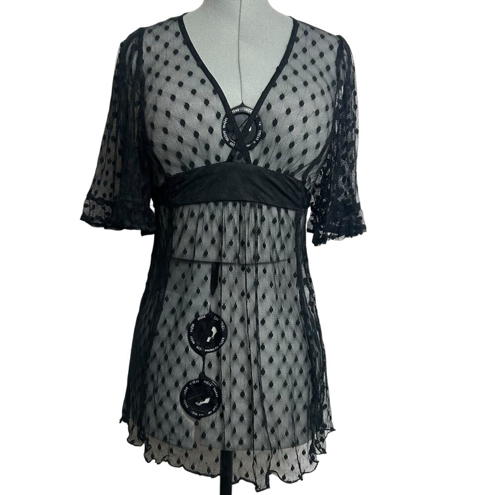 Vintage Y2K Betsey Johnson Black Mesh Polka Dot Babydoll Dress Size 8